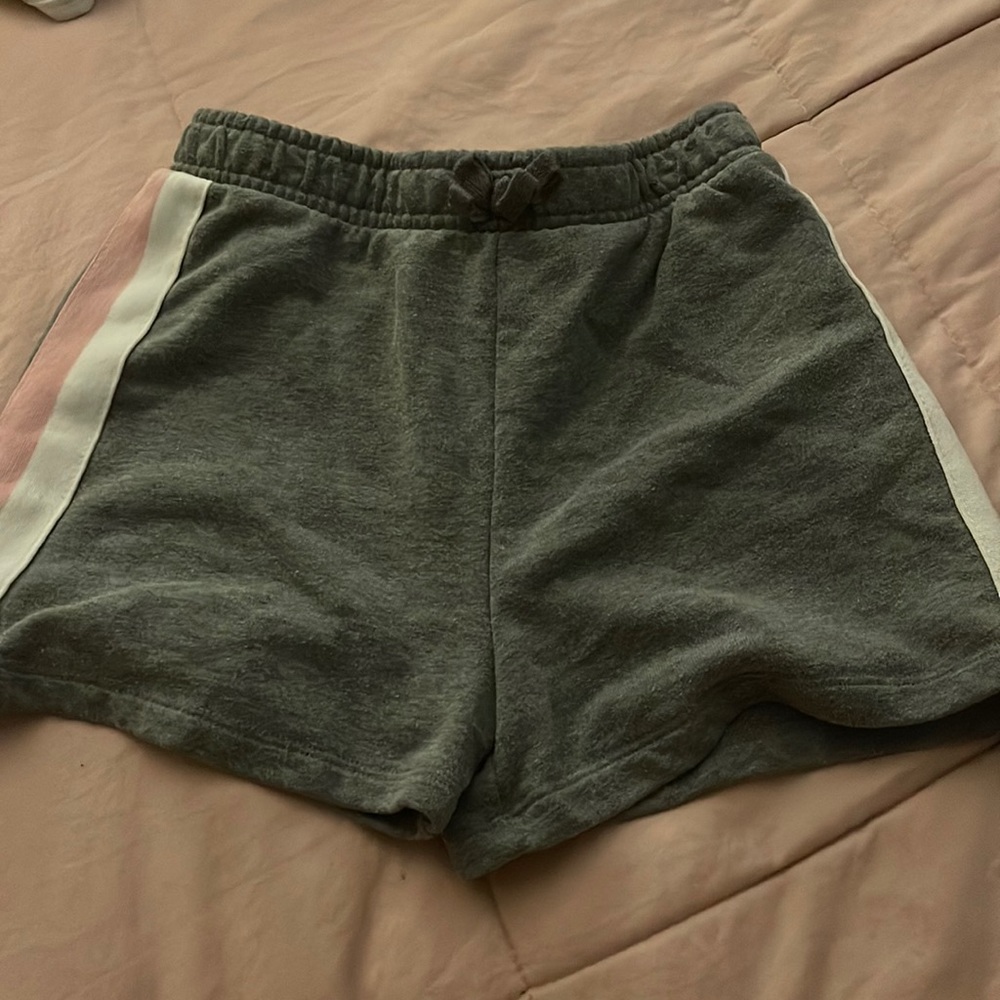 pink, grey, and white sweat shorts
